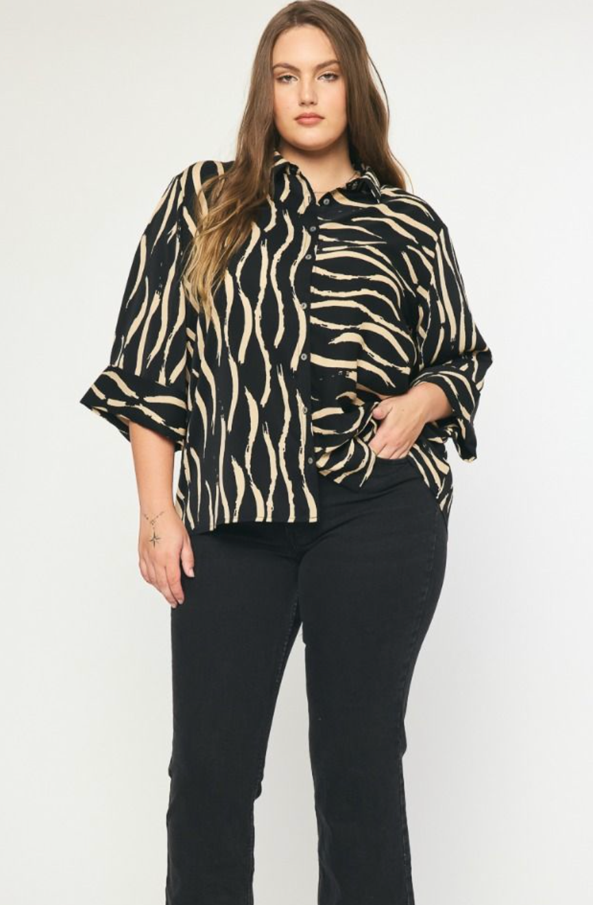 Abstract Button Up Top - Tan and Black