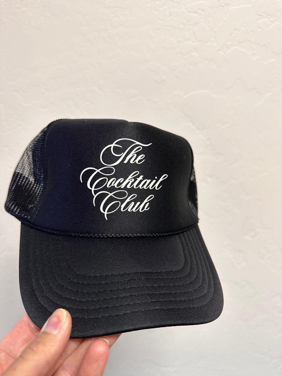 The Cocktail Club Trucker Hat: Black/White