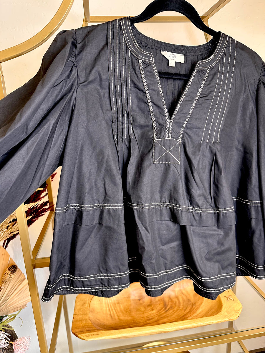 Black Flowy Top with Contrasting Stitching