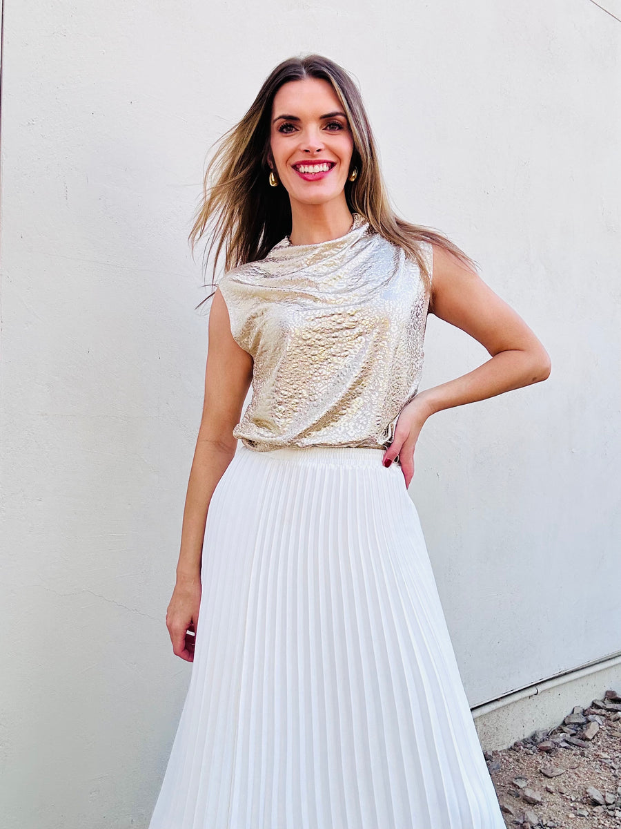 Sleeveless Mock Neck Metallic Blouse Gold