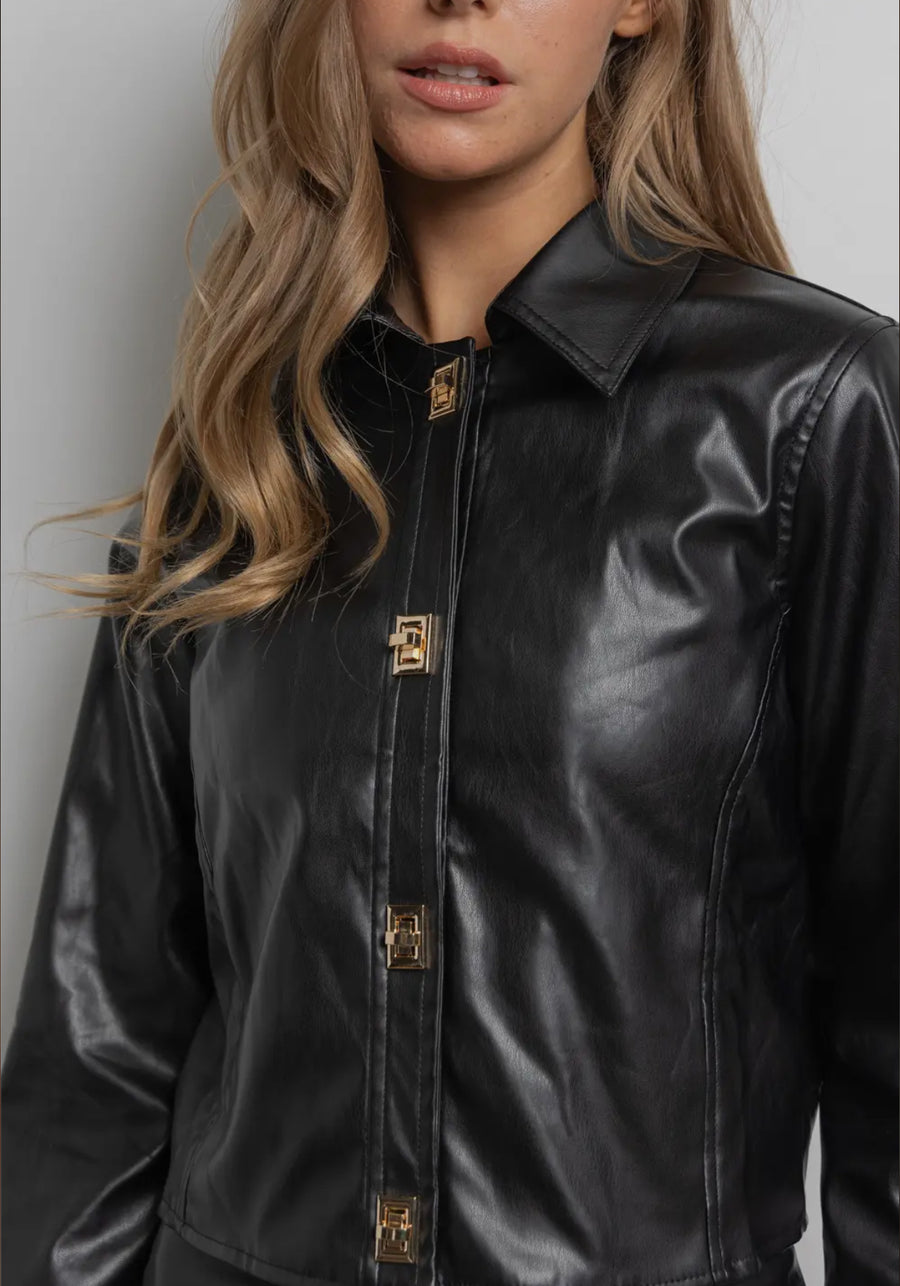 Faux Leather Jacket with Gold Buttons