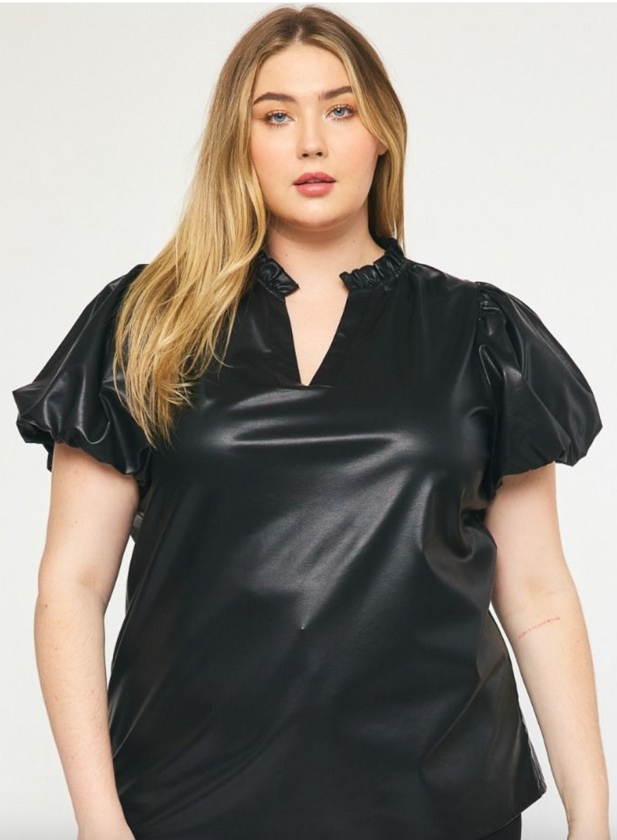 Faux Leather Short Sleeved Top