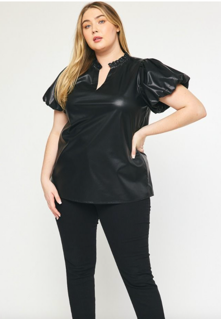 Faux Leather Short Sleeved Top
