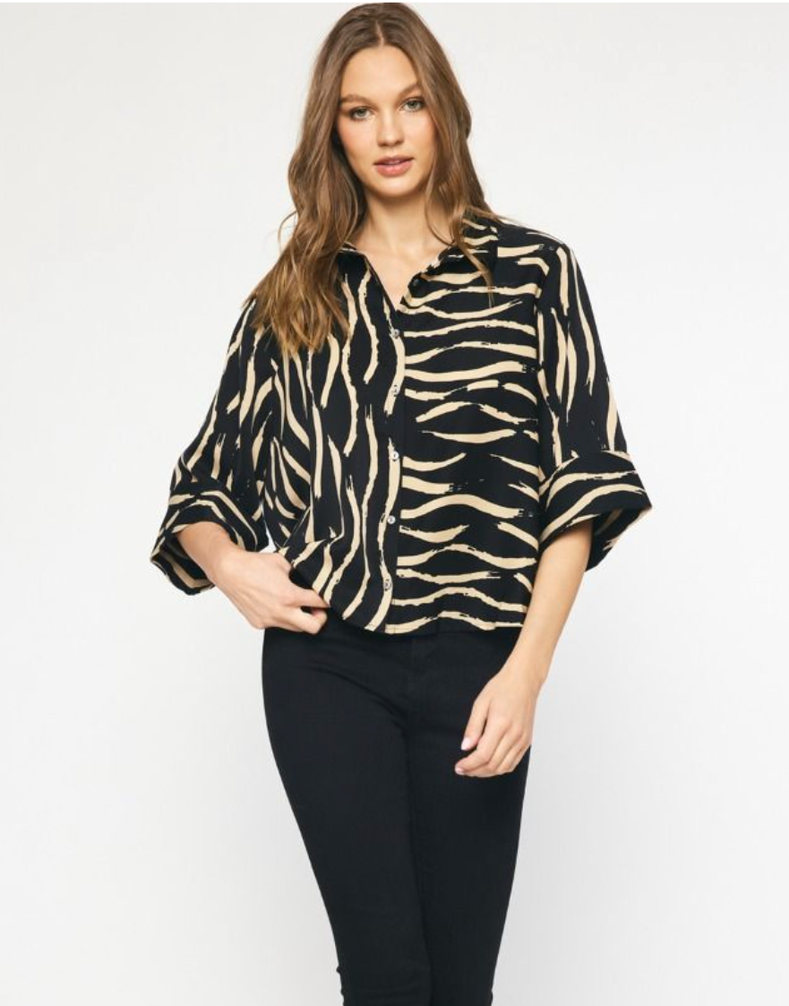 Abstract Button Up Top - Tan and Black