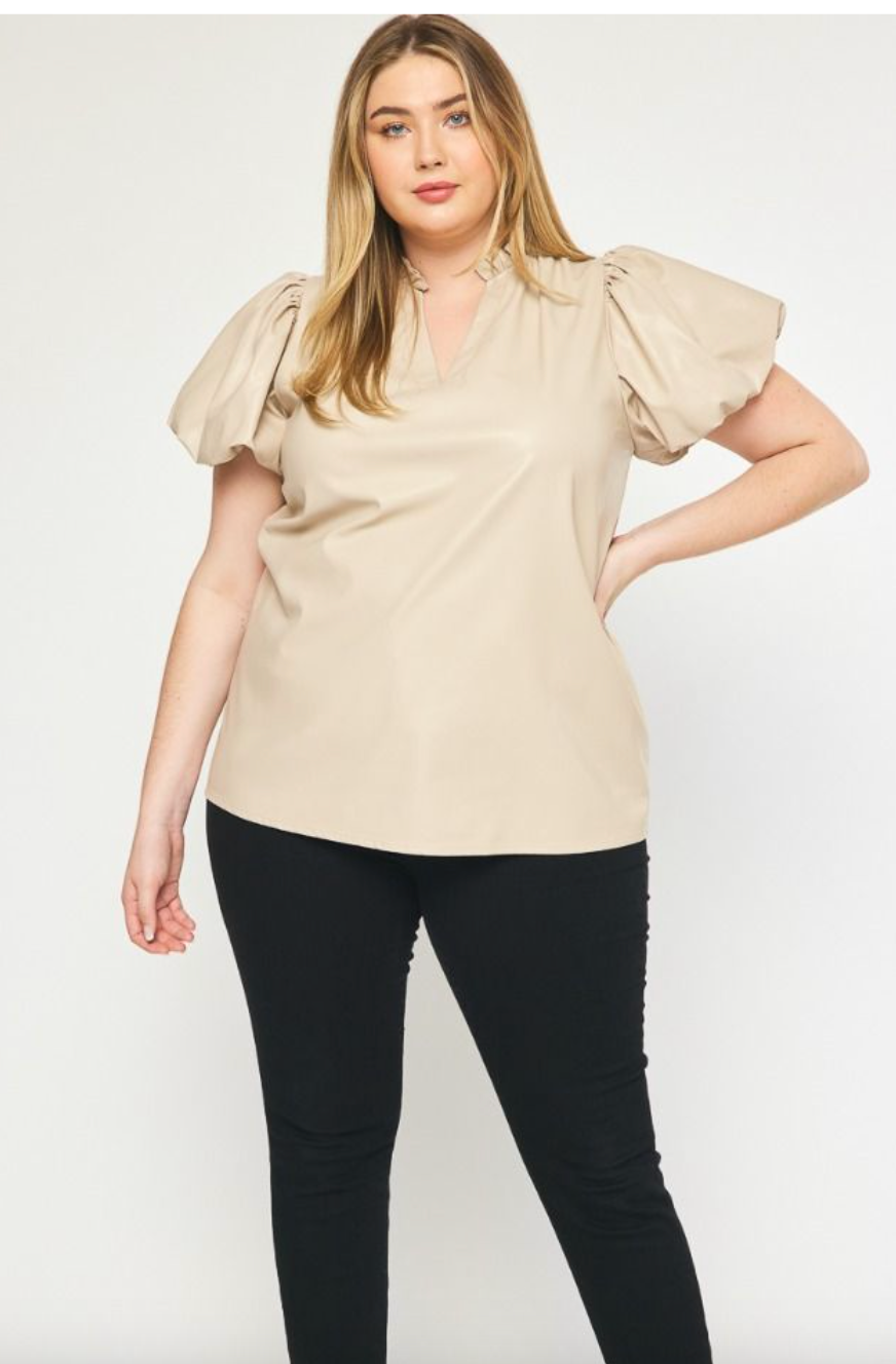 Faux Leather Short Sleeved Top - Almond