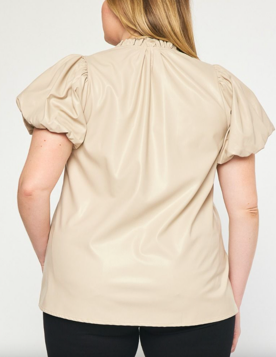 Faux Leather Short Sleeved Top - Almond
