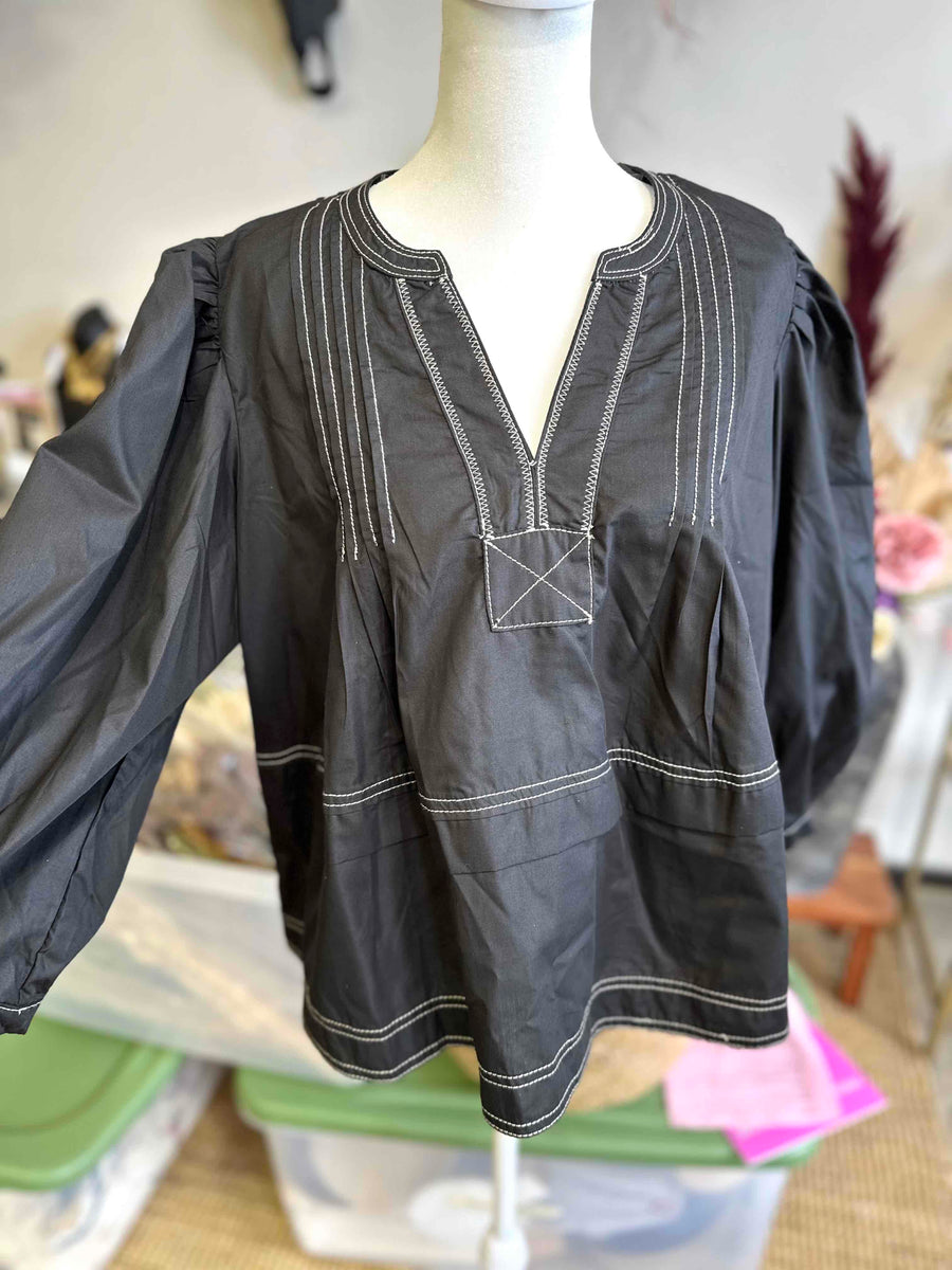 Black Flowy Top with Contrasting Stitching