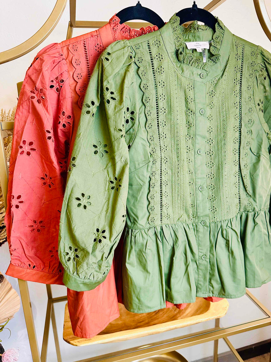 High Neck Eyelet Button Down Blouse - Rust