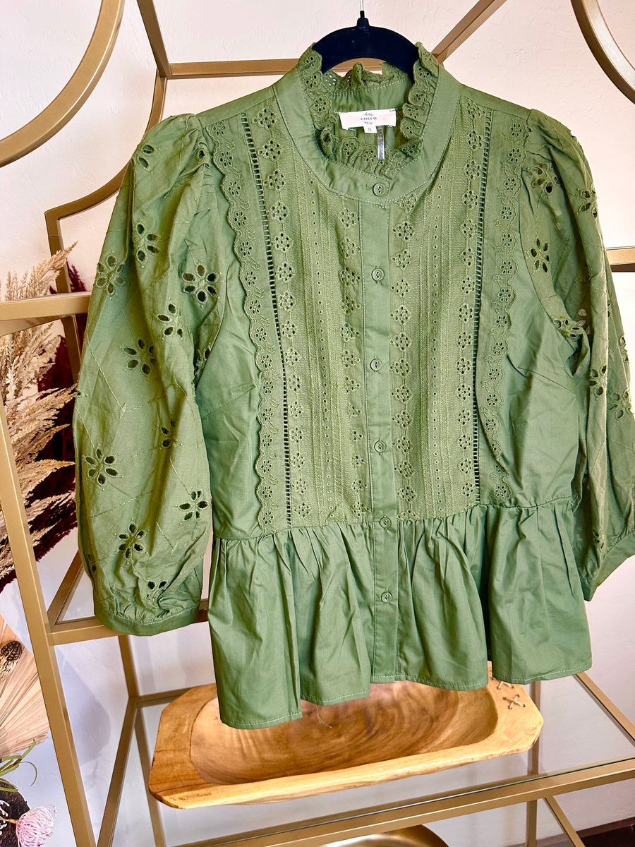 High Neck Eyelet Button Down Blouse - Green