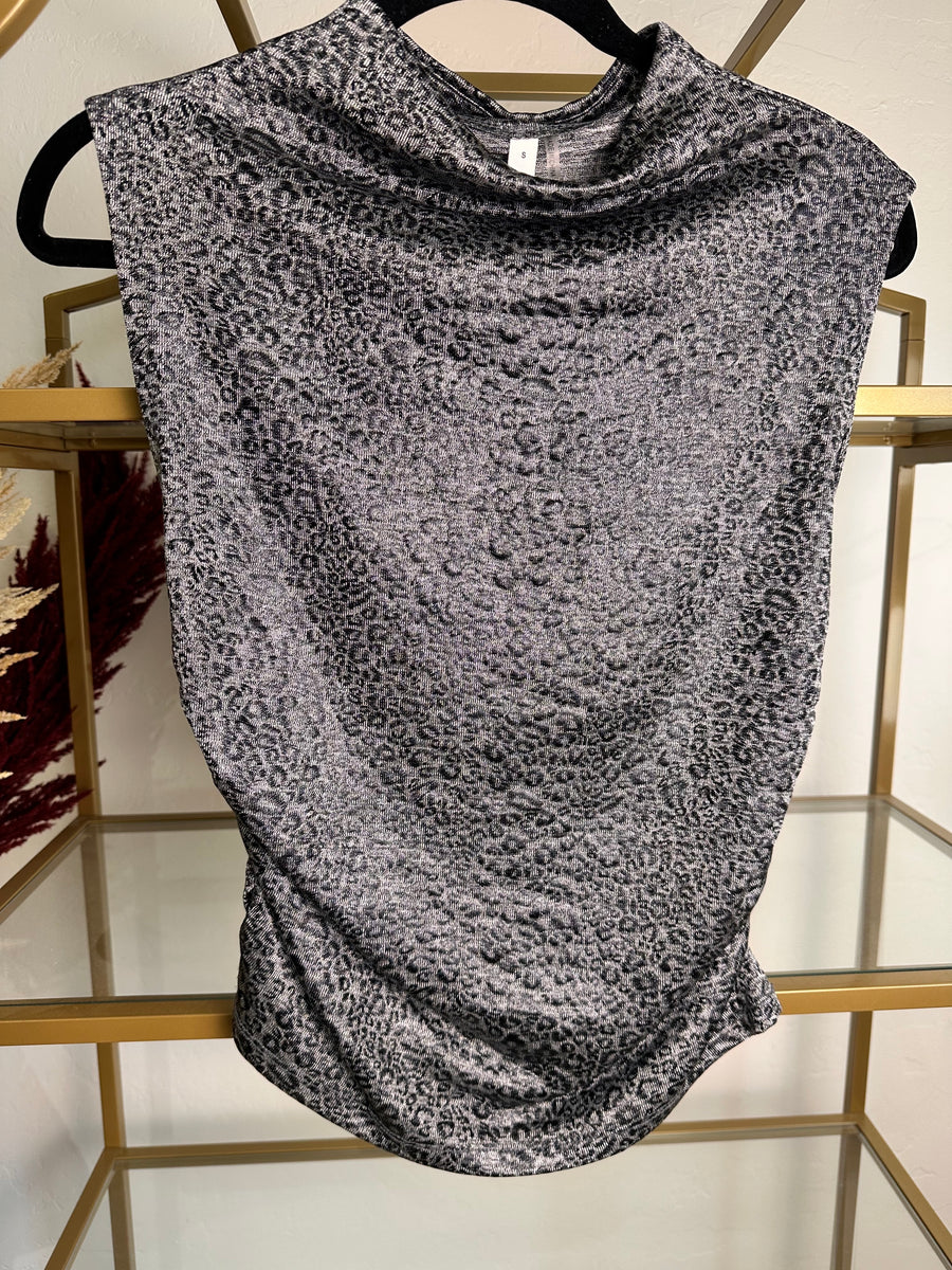 Sleeveless Mock Neck Metallic Blouse Gunmental