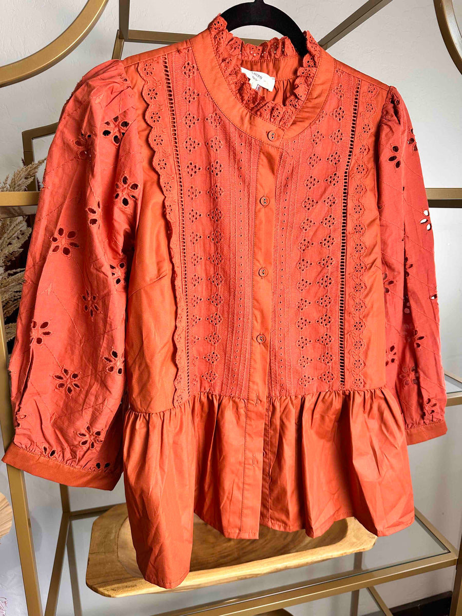 High Neck Eyelet Button Down Blouse - Rust