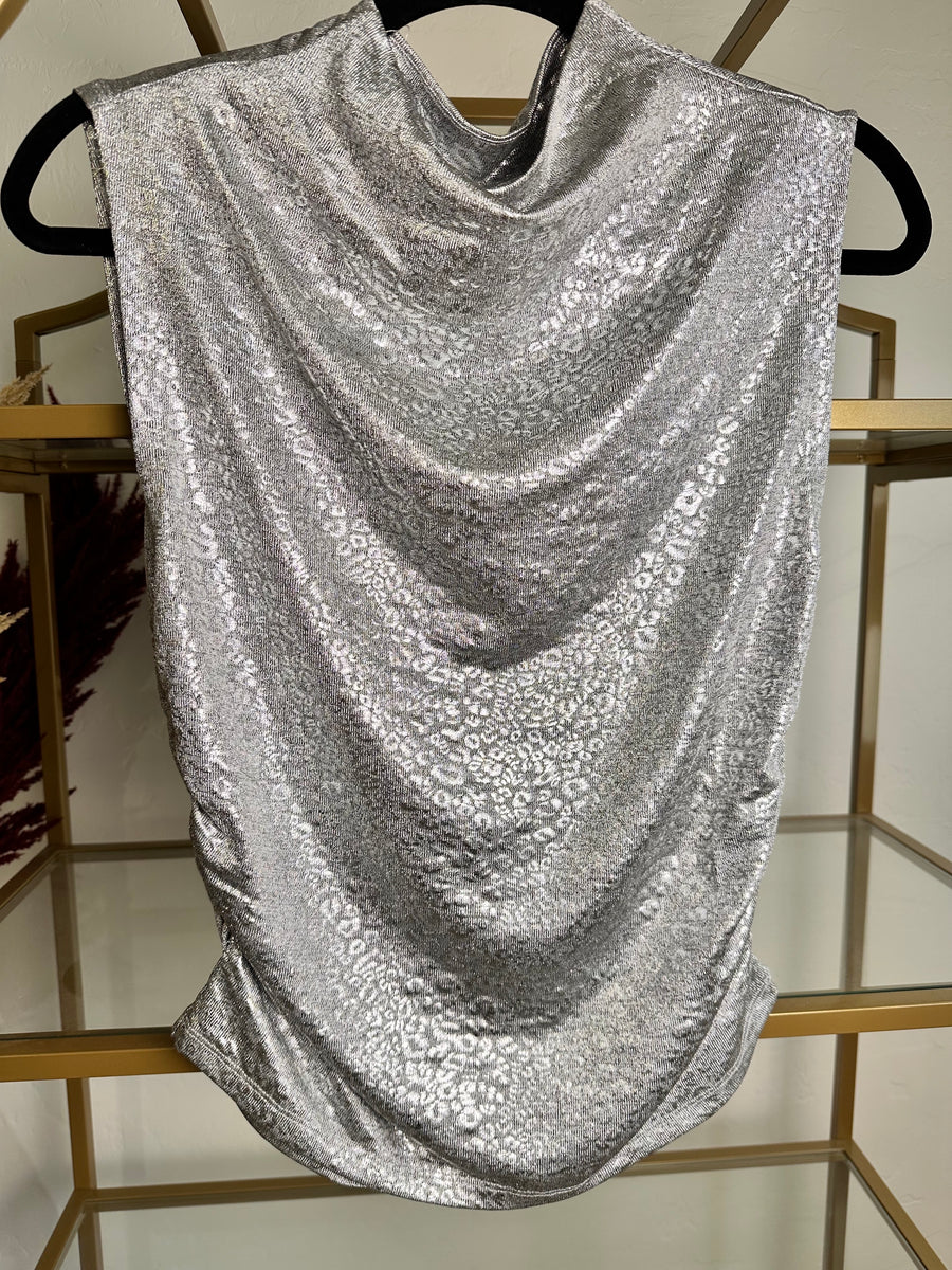 Sleeveless Mock Neck Metallic Blouse Silver